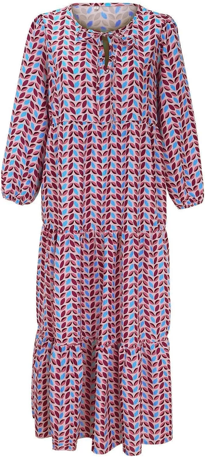 Women Casual Summer Dresses 2025 Spring Crew Neck Ruffle Short Sleeve Floral Print Smocked Boho Flowy Maxi Dress