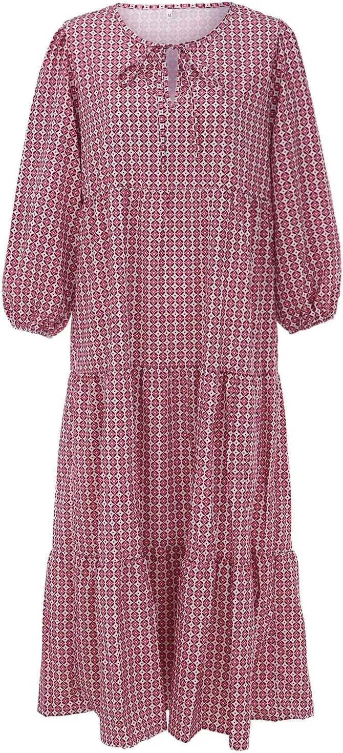 Women Casual Summer Dresses 2025 Spring Crew Neck Ruffle Short Sleeve Floral Print Smocked Boho Flowy Maxi Dress