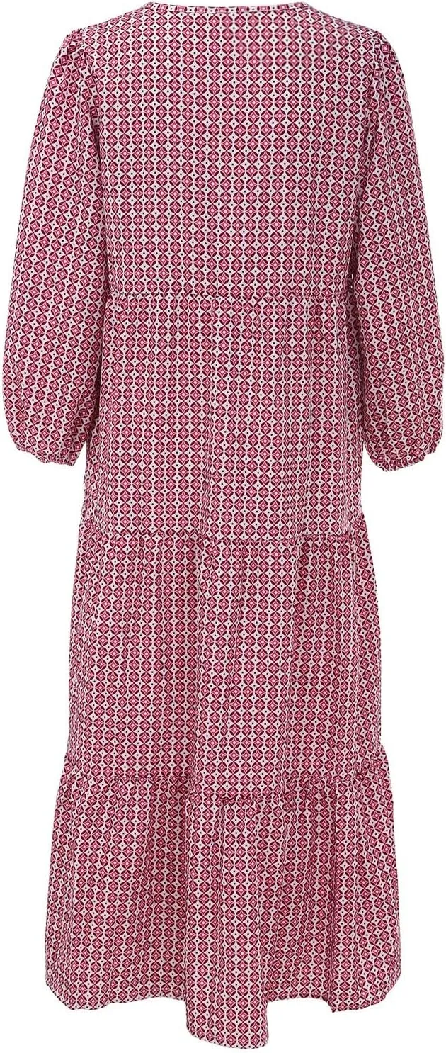 Women Casual Summer Dresses 2025 Spring Crew Neck Ruffle Short Sleeve Floral Print Smocked Boho Flowy Maxi Dress
