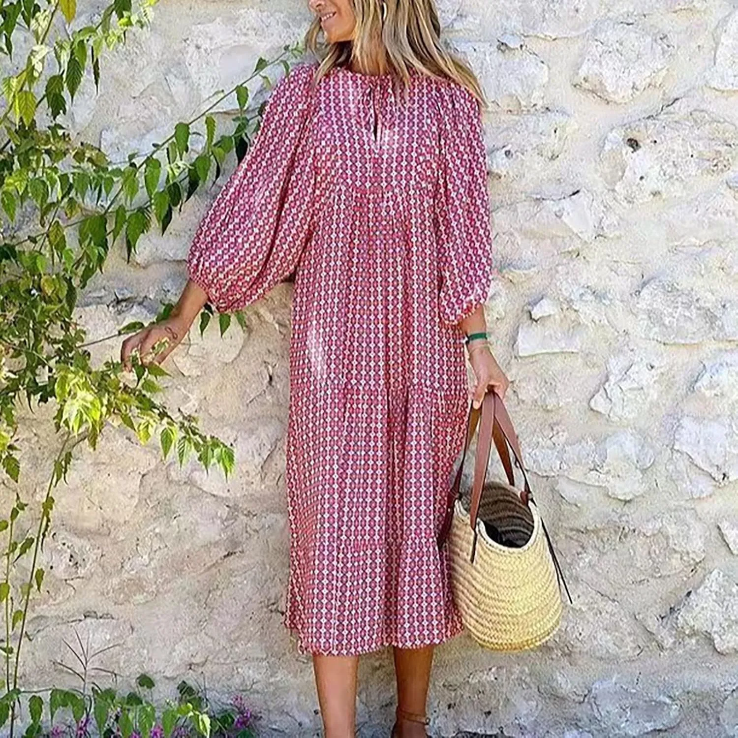 Women Casual Summer Dresses 2025 Spring Crew Neck Ruffle Short Sleeve Floral Print Smocked Boho Flowy Maxi Dress
