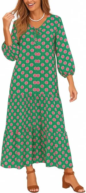 Women Casual Summer Dresses 2025 Spring Crew Neck Ruffle Short Sleeve Floral Print Smocked Boho Flowy Maxi Dress