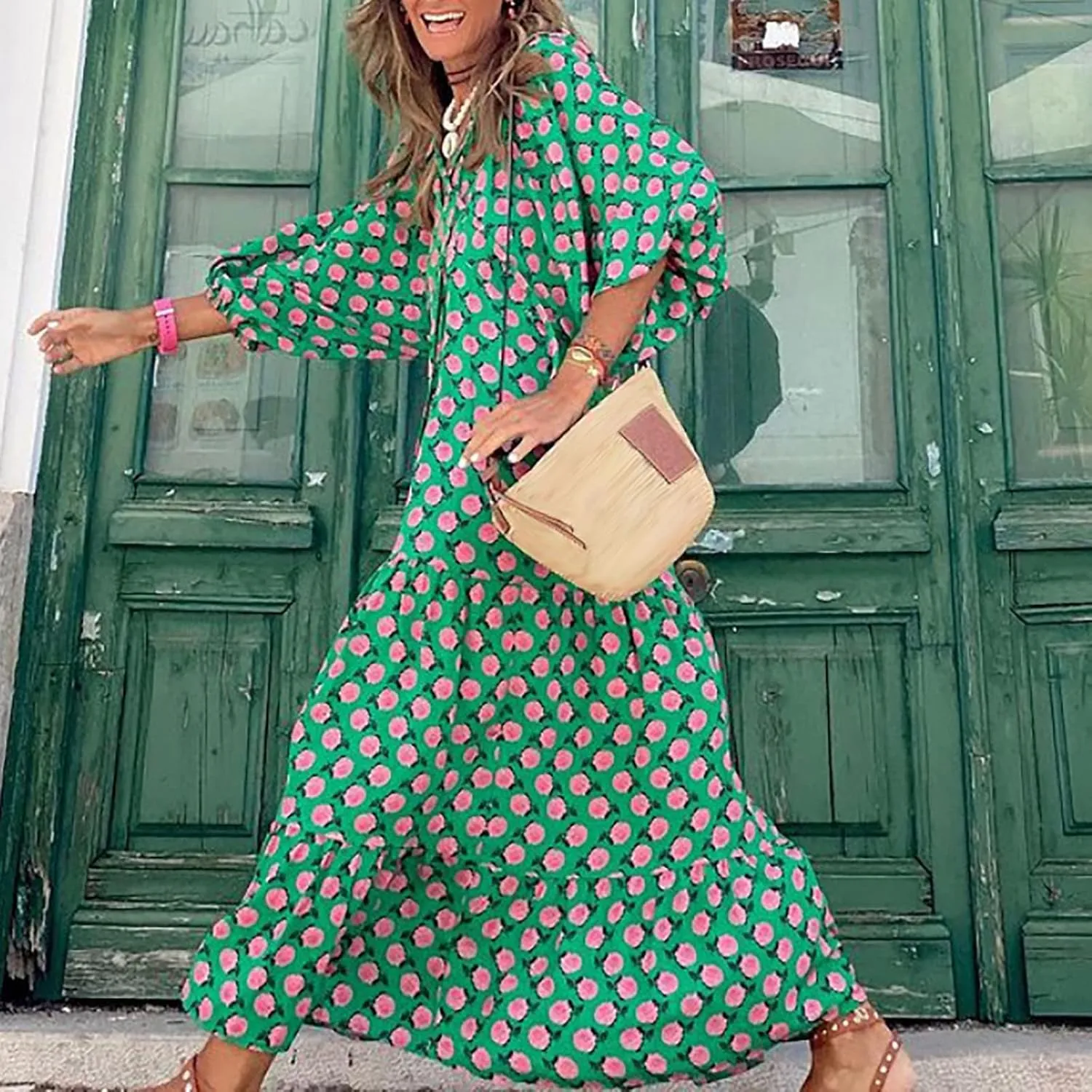 Women Casual Summer Dresses 2025 Spring Crew Neck Ruffle Short Sleeve Floral Print Smocked Boho Flowy Maxi Dress