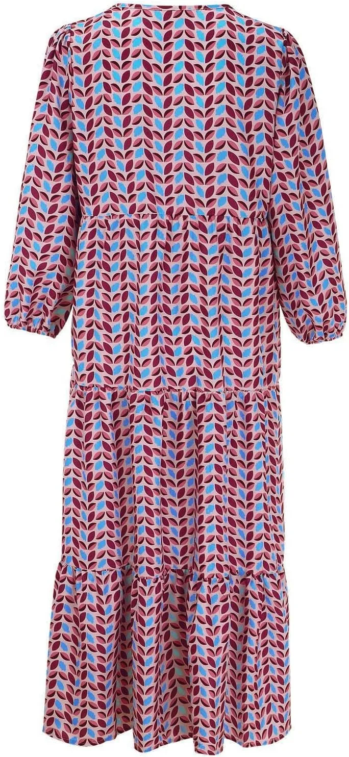 Women Casual Summer Dresses 2025 Spring Crew Neck Ruffle Short Sleeve Floral Print Smocked Boho Flowy Maxi Dress