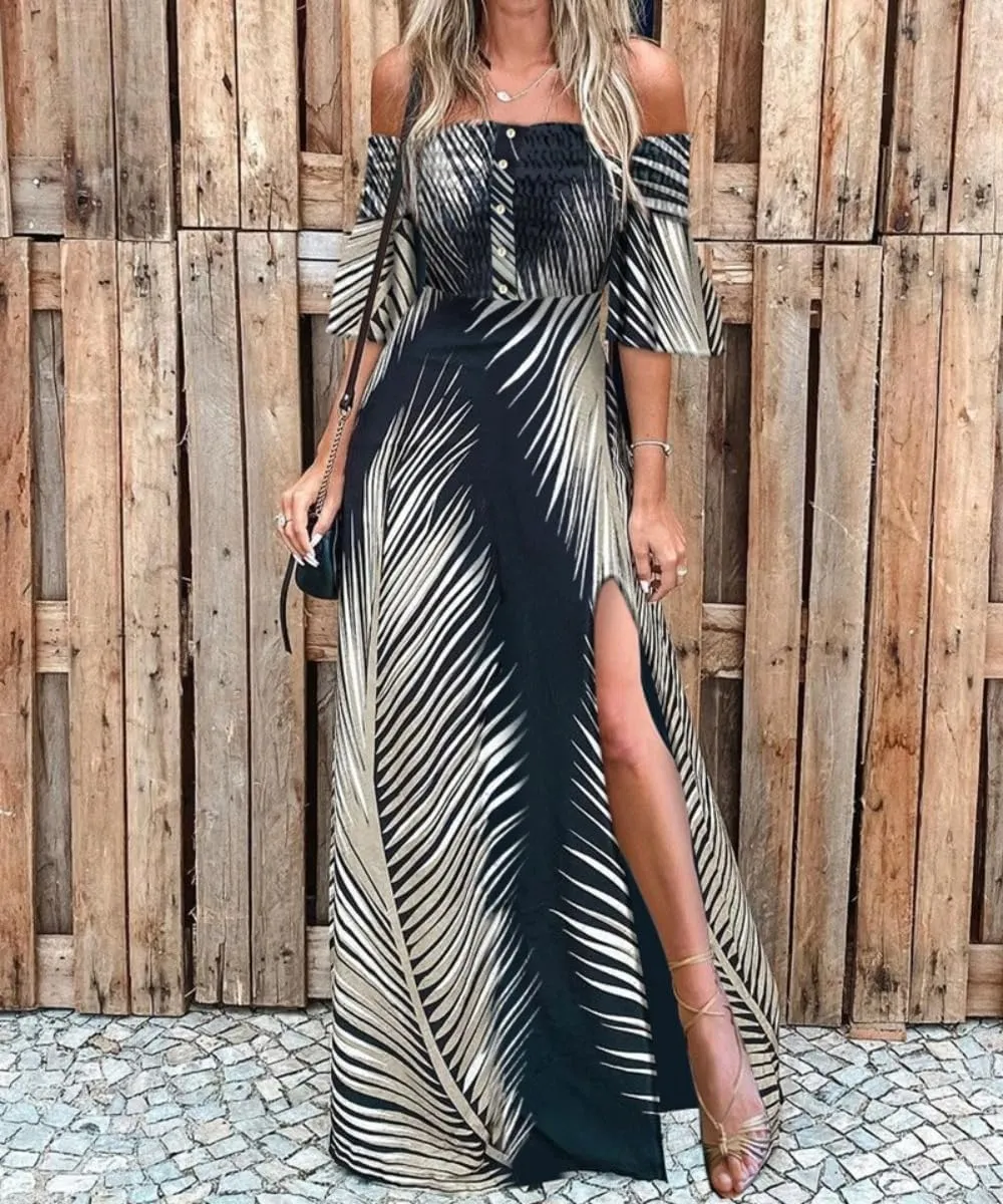 Women Fall Dresses for Off-Shoulder Striped Maxi Dress with Slit Sundress for Wedding Night Out Cocktail Beach Party