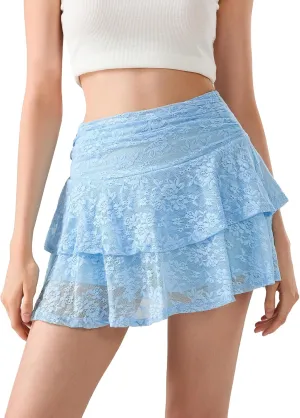Women Floral Lace Mini Skirt with Shorts Underneath Flowy Skort High Waist Tiered Ruffle Skirts Casual Tennis Clubwear