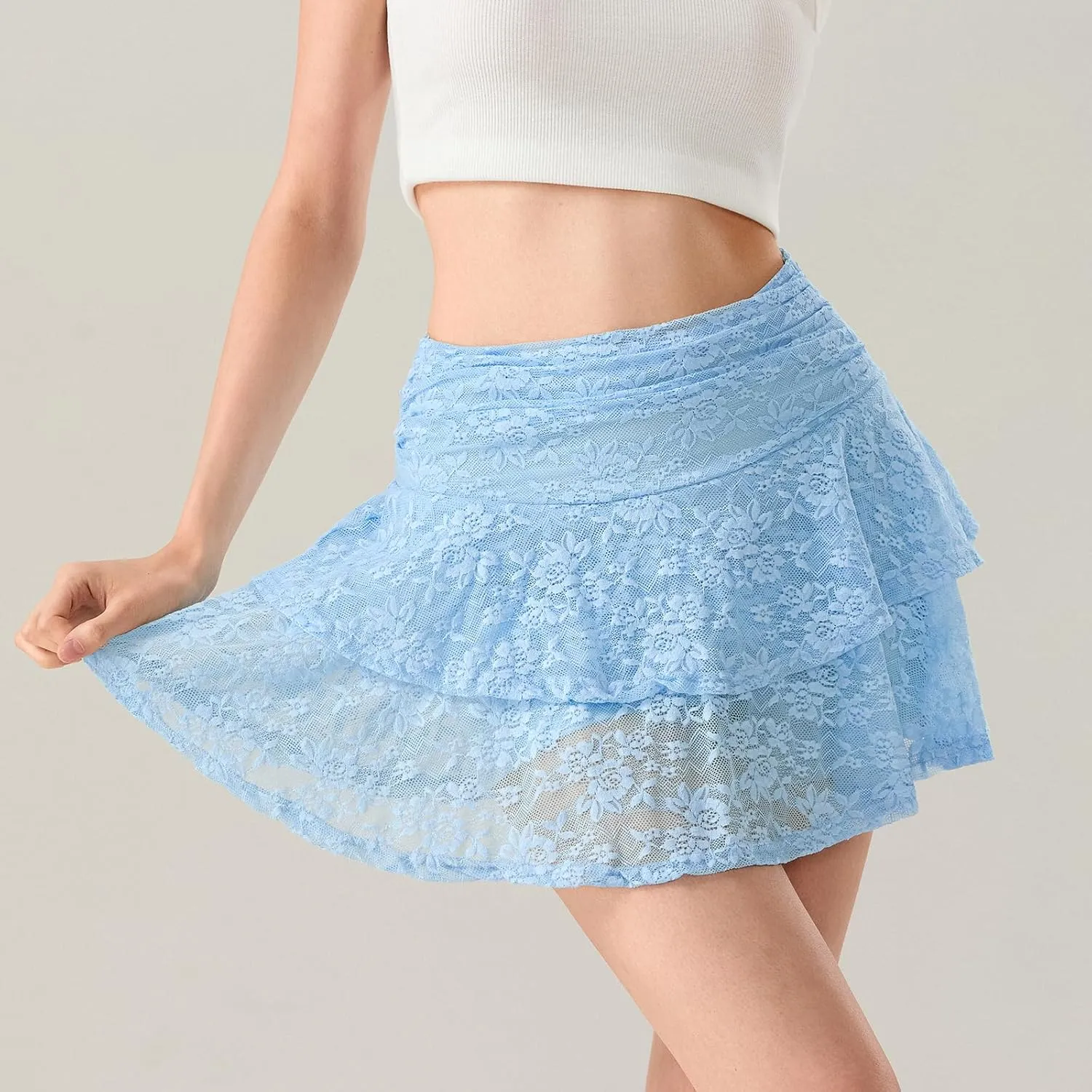 Women Floral Lace Mini Skirt with Shorts Underneath Flowy Skort High Waist Tiered Ruffle Skirts Casual Tennis Clubwear