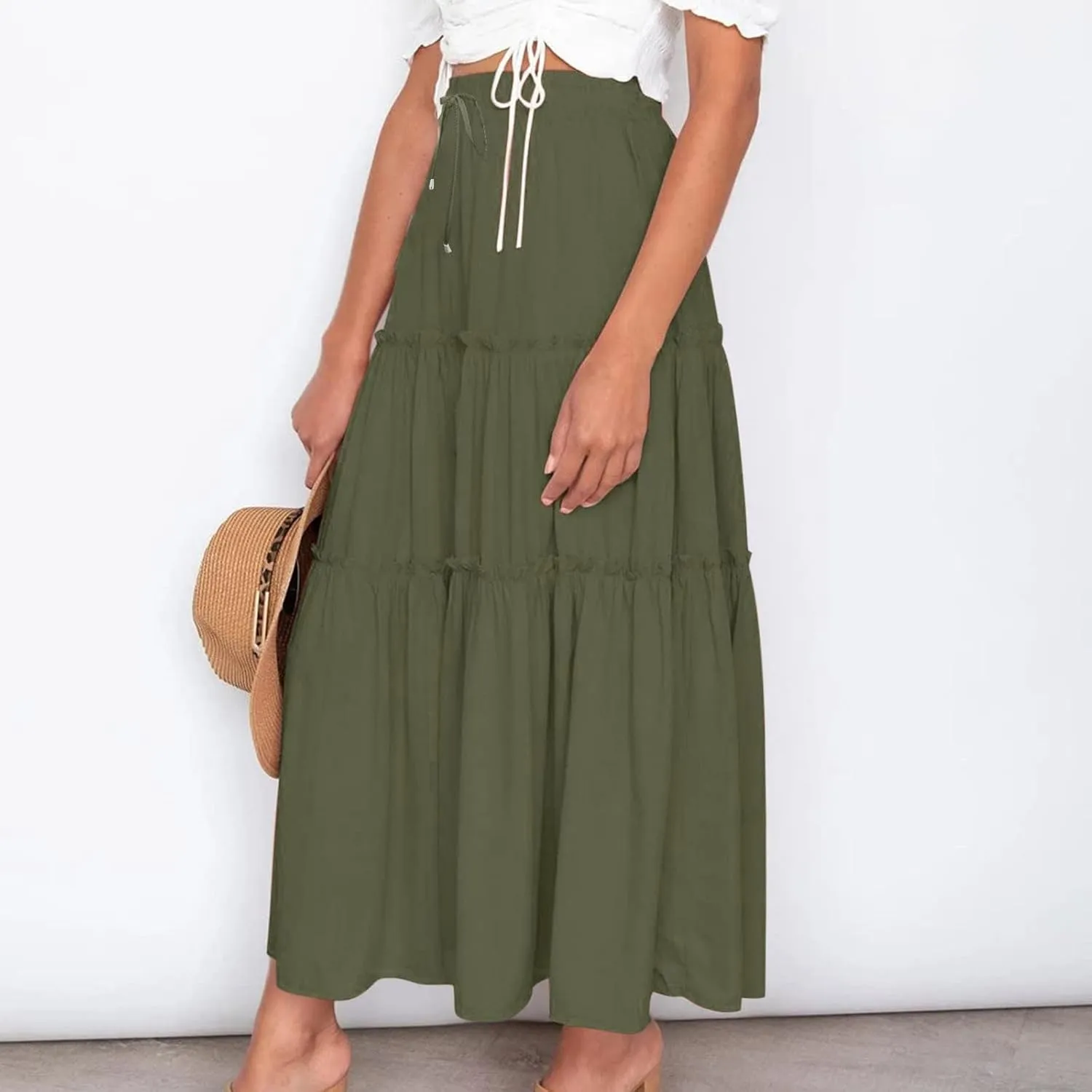 Women High Waist Casual Maxi Skirts Elastic Drawstring Pleated Long Skirt Loose Swing Beach Boho Skirt Half Dress