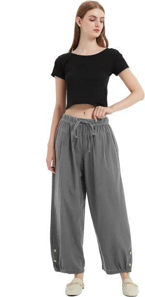 Women High Waist Casual Wide Leg Palazzo Pants Linen Drawstring Cropped Pants Trousers Regular Size
