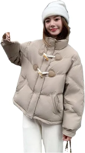 Women Horn Button Down Cotton-Padded Jacket Loose Cotton-Padded Jacket Short Winter Coat Cotton-Padded Jacket