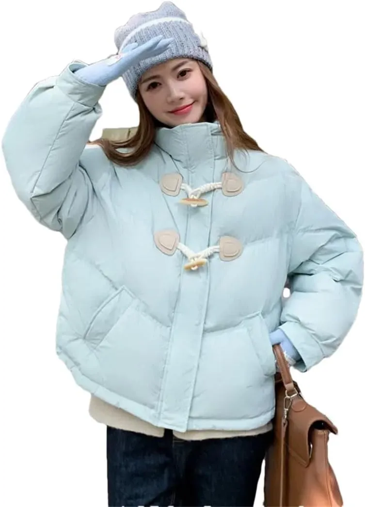 Women Horn Button Down Cotton-Padded Jacket Loose Cotton-Padded Jacket Short Winter Coat Cotton-Padded Jacket