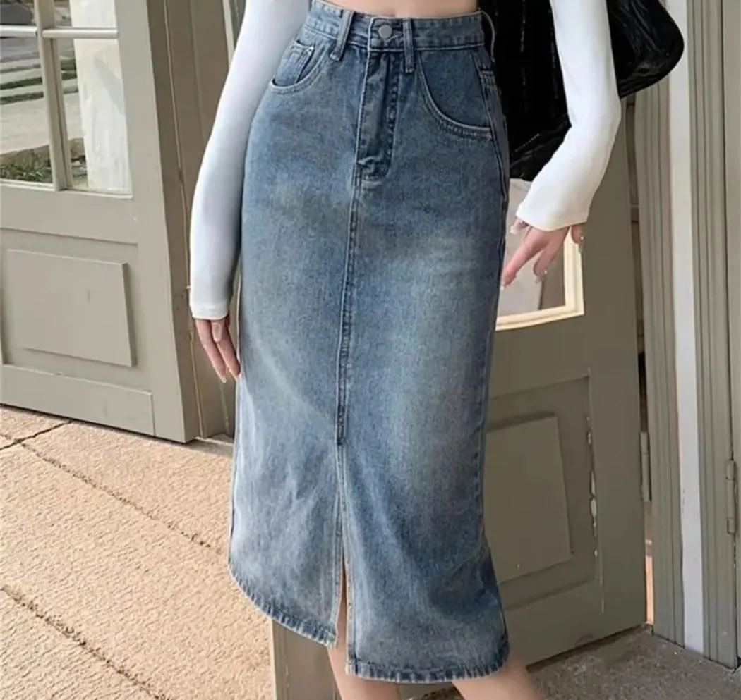 Women Korean Style High Waisted Split Denim Skirt Loose Thin Long A-Line Jean Bodycon Skirt