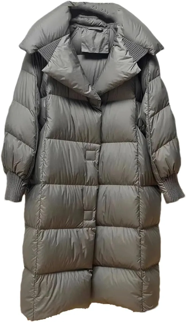 Women Lapel Over The Knee Loose Parka Coat Classic Stripe Magnetic Buckle Cotton-Padded Jacket