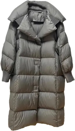 Women Lapel Over The Knee Loose Parka Coat Classic Stripe Magnetic Buckle Cotton-Padded Jacket