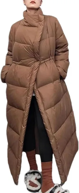 Women Large Lapel Long Loose Parka Coat Classic Knee Length Quilt Lace Up Cotton-Padded Jacket
