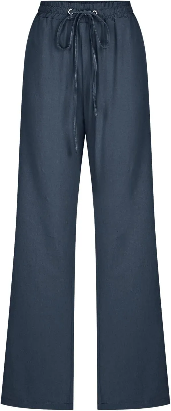 Women Linen Pants 2025 Summer Casual High Waist Drawstring Wide Leg Trousers with Pockets Beach Vacation Clothes