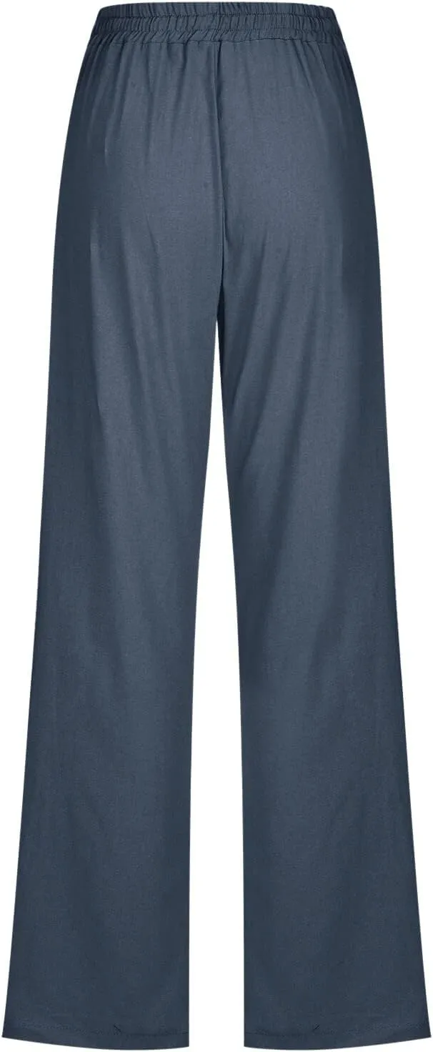 Women Linen Pants 2025 Summer Casual High Waist Drawstring Wide Leg Trousers with Pockets Beach Vacation Clothes