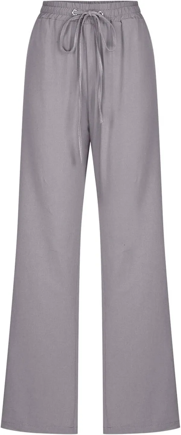 Women Linen Pants 2025 Summer Casual High Waist Drawstring Wide Leg Trousers with Pockets Beach Vacation Clothes