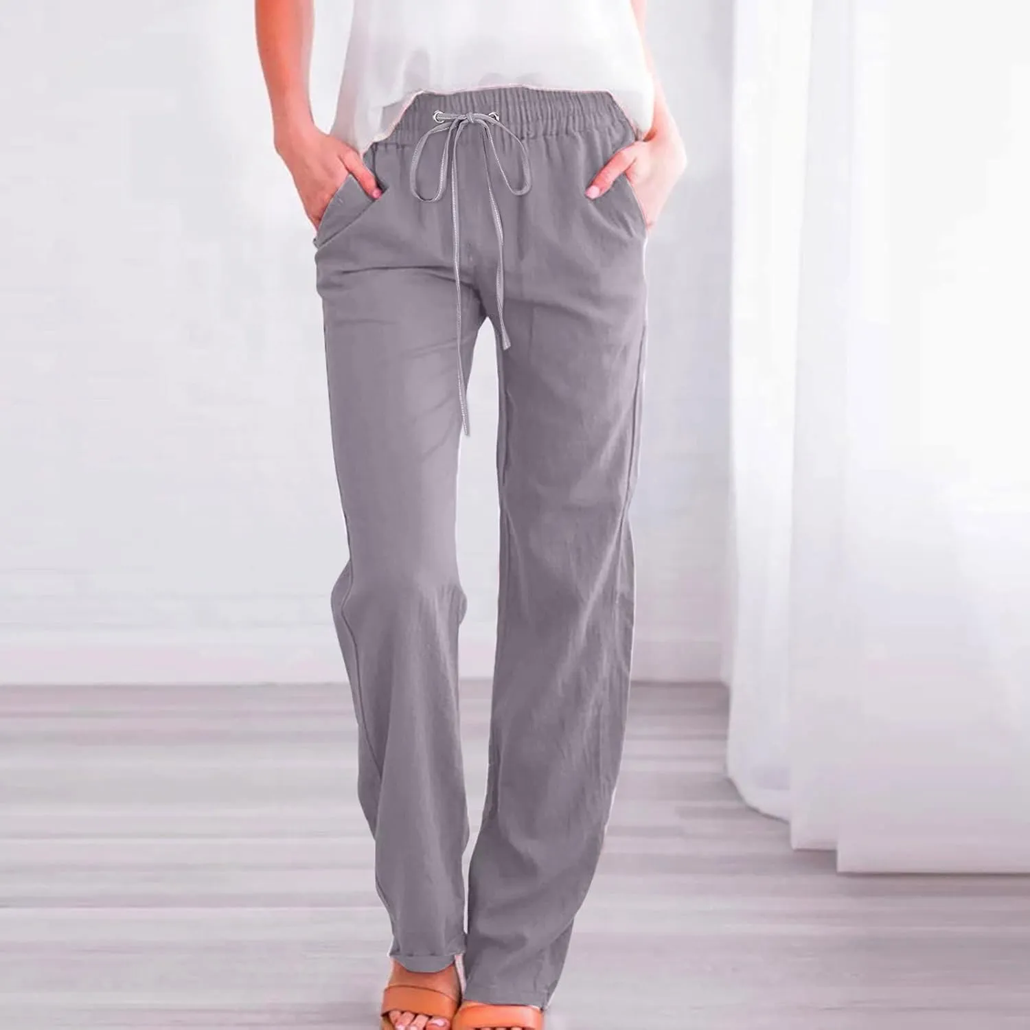 Women Linen Pants 2025 Summer Casual High Waist Drawstring Wide Leg Trousers with Pockets Beach Vacation Clothes