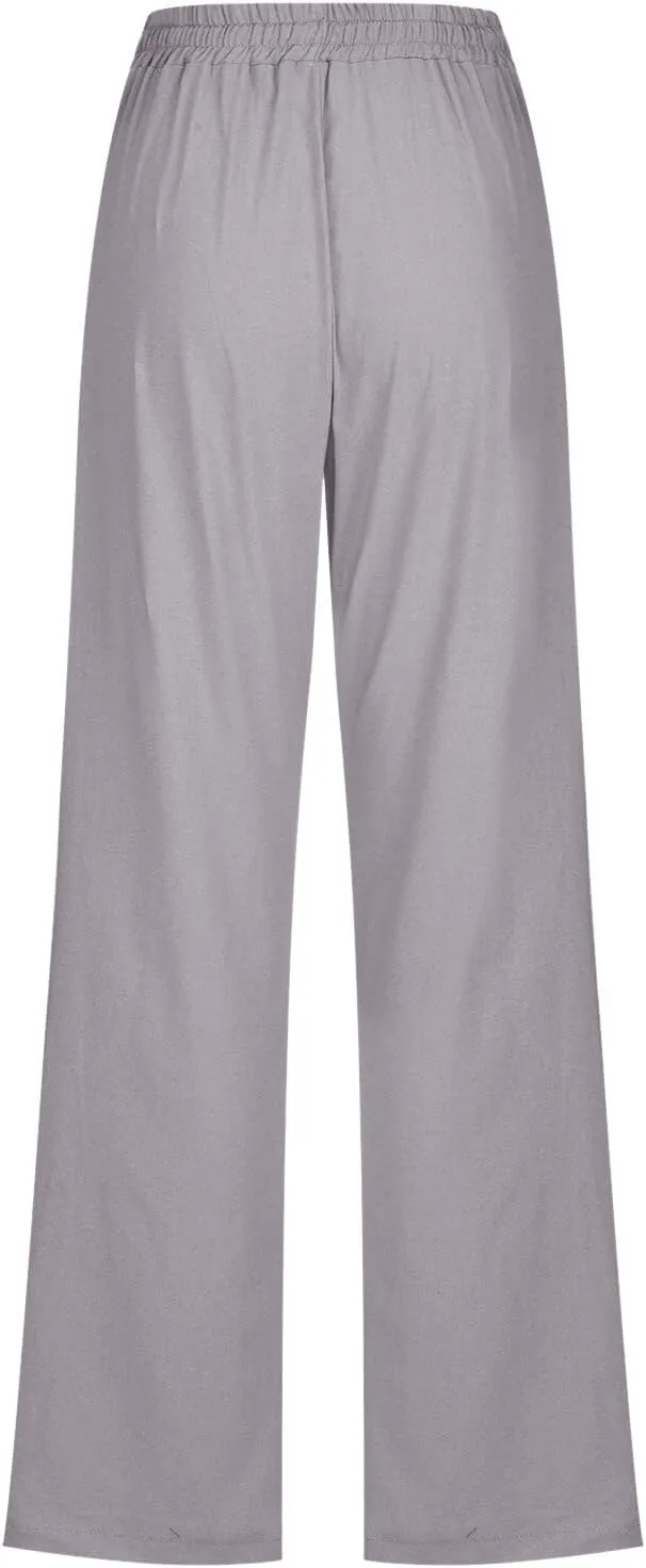 Women Linen Pants 2025 Summer Casual High Waist Drawstring Wide Leg Trousers with Pockets Beach Vacation Clothes