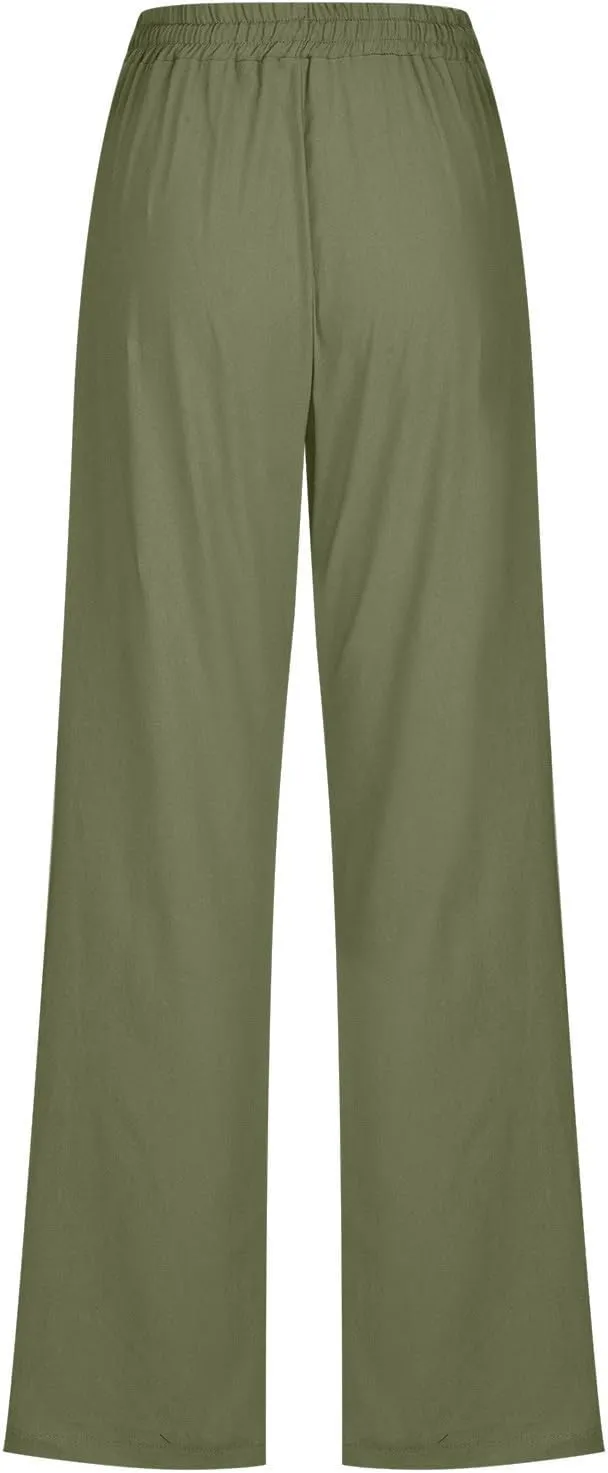 Women Linen Pants 2025 Summer Casual High Waist Drawstring Wide Leg Trousers with Pockets Beach Vacation Clothes