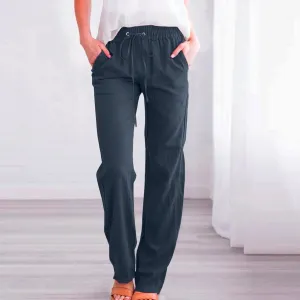 Women Linen Pants 2025 Summer Casual High Waist Drawstring Wide Leg Trousers with Pockets Beach Vacation Clothes