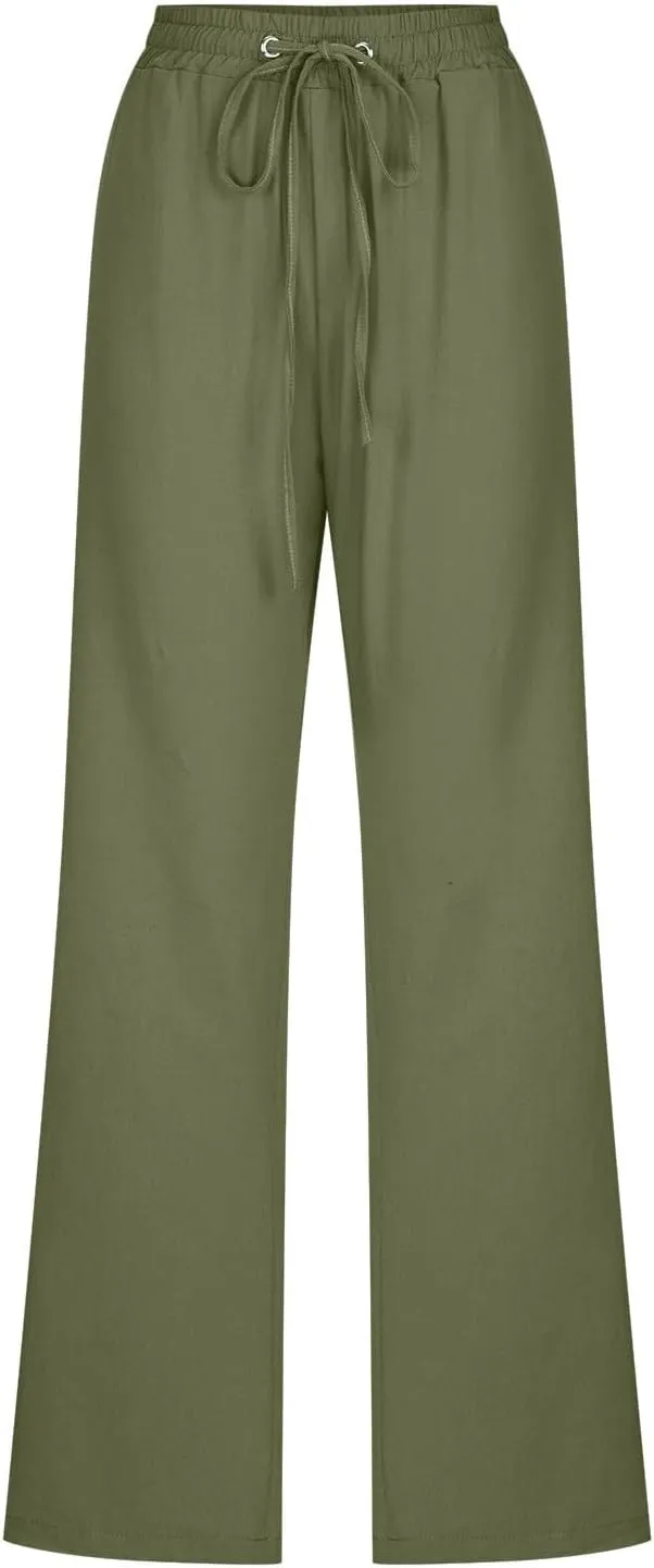 Women Linen Pants 2025 Summer Casual High Waist Drawstring Wide Leg Trousers with Pockets Beach Vacation Clothes
