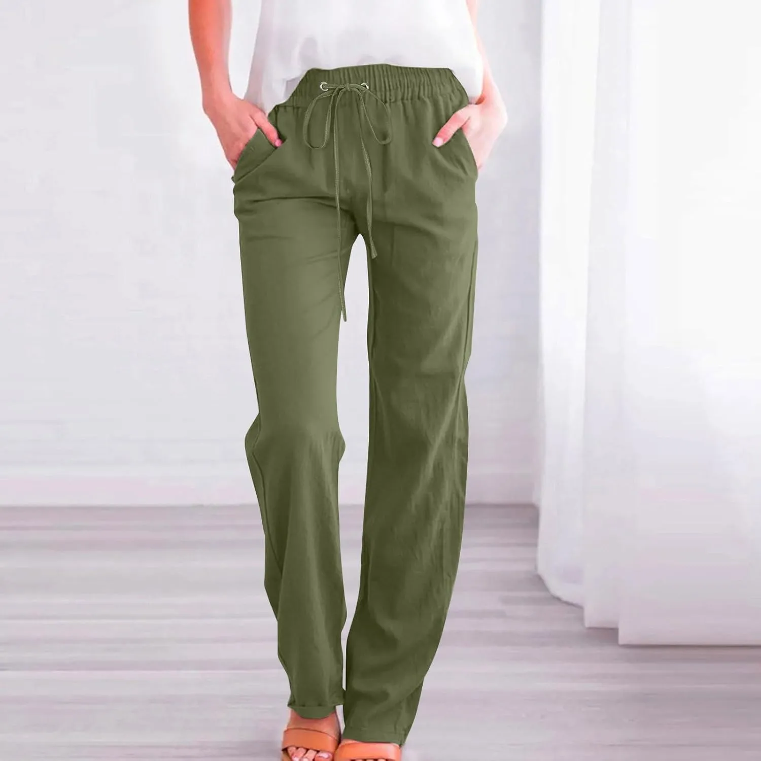 Women Linen Pants 2025 Summer Casual High Waist Drawstring Wide Leg Trousers with Pockets Beach Vacation Clothes