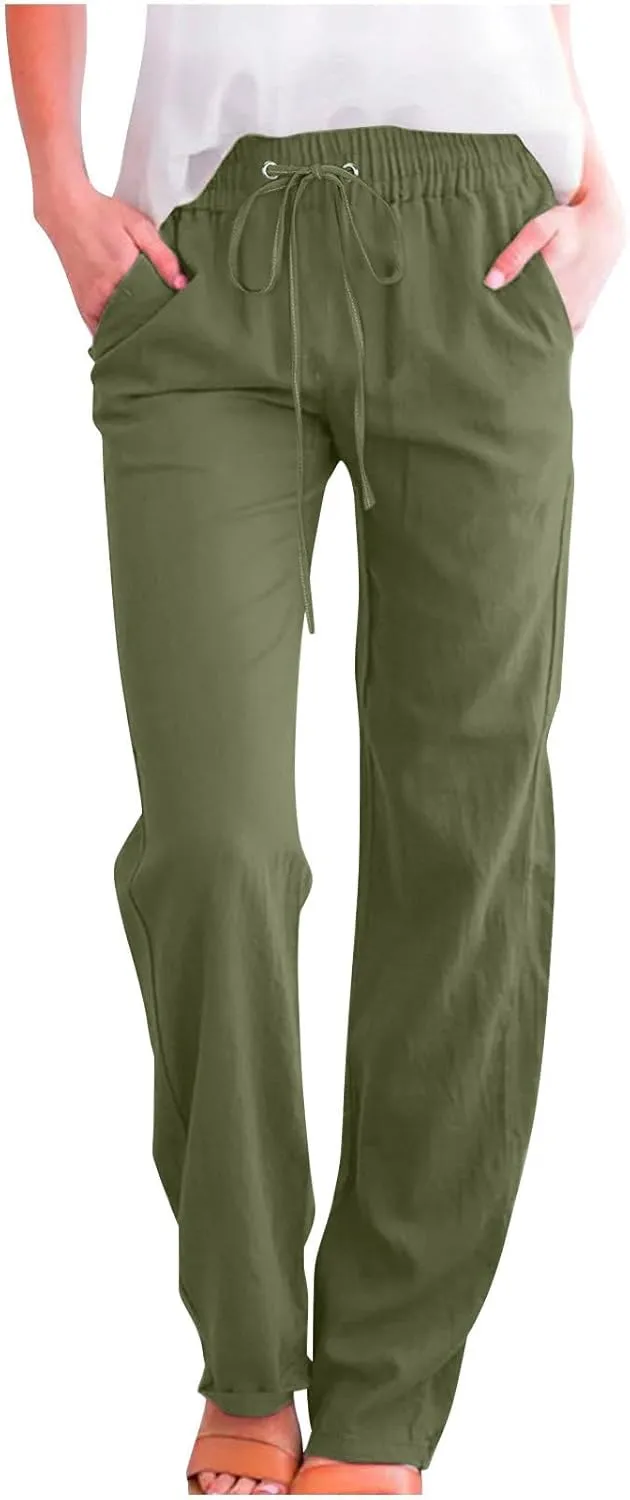 Women Linen Pants 2025 Summer Casual High Waist Drawstring Wide Leg Trousers with Pockets Beach Vacation Clothes
