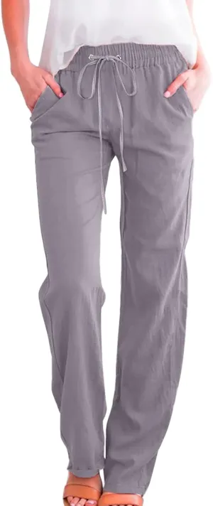 Women Linen Pants 2025 Summer Casual High Waist Drawstring Wide Leg Trousers with Pockets Beach Vacation Clothes