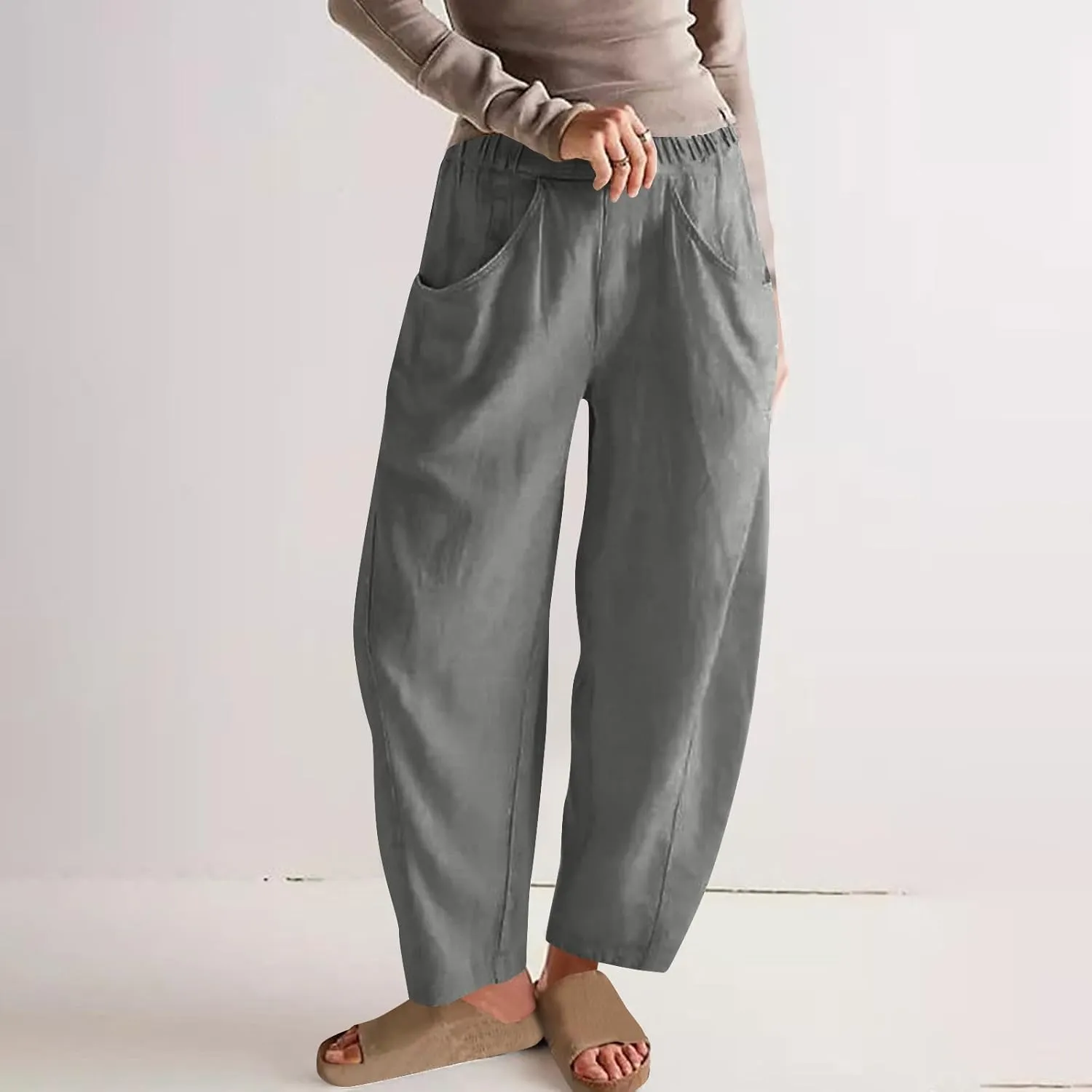 Women Linen Pants Elastic Waisted Beach Pants for Women Baggy Casual Wide Leg Palazzo Harem Trousers with Pockets