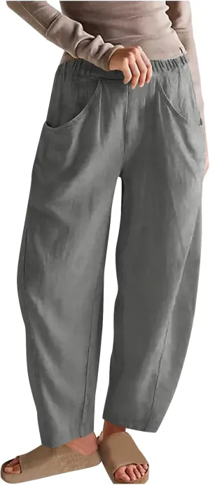 Women Linen Pants Elastic Waisted Beach Pants for Women Baggy Casual Wide Leg Palazzo Harem Trousers with Pockets