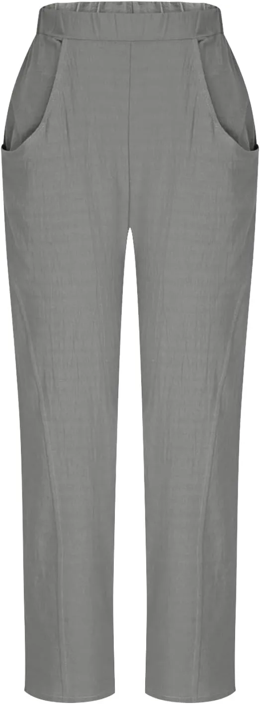 Women Linen Pants Elastic Waisted Beach Pants for Women Baggy Casual Wide Leg Palazzo Harem Trousers with Pockets