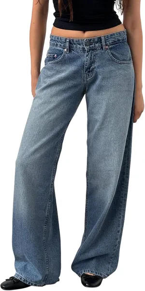 Women Low Rise Baggy Jeans Y2k Straight Wide Leg Boyfriend Viange Casual Denim Pants with Pockets