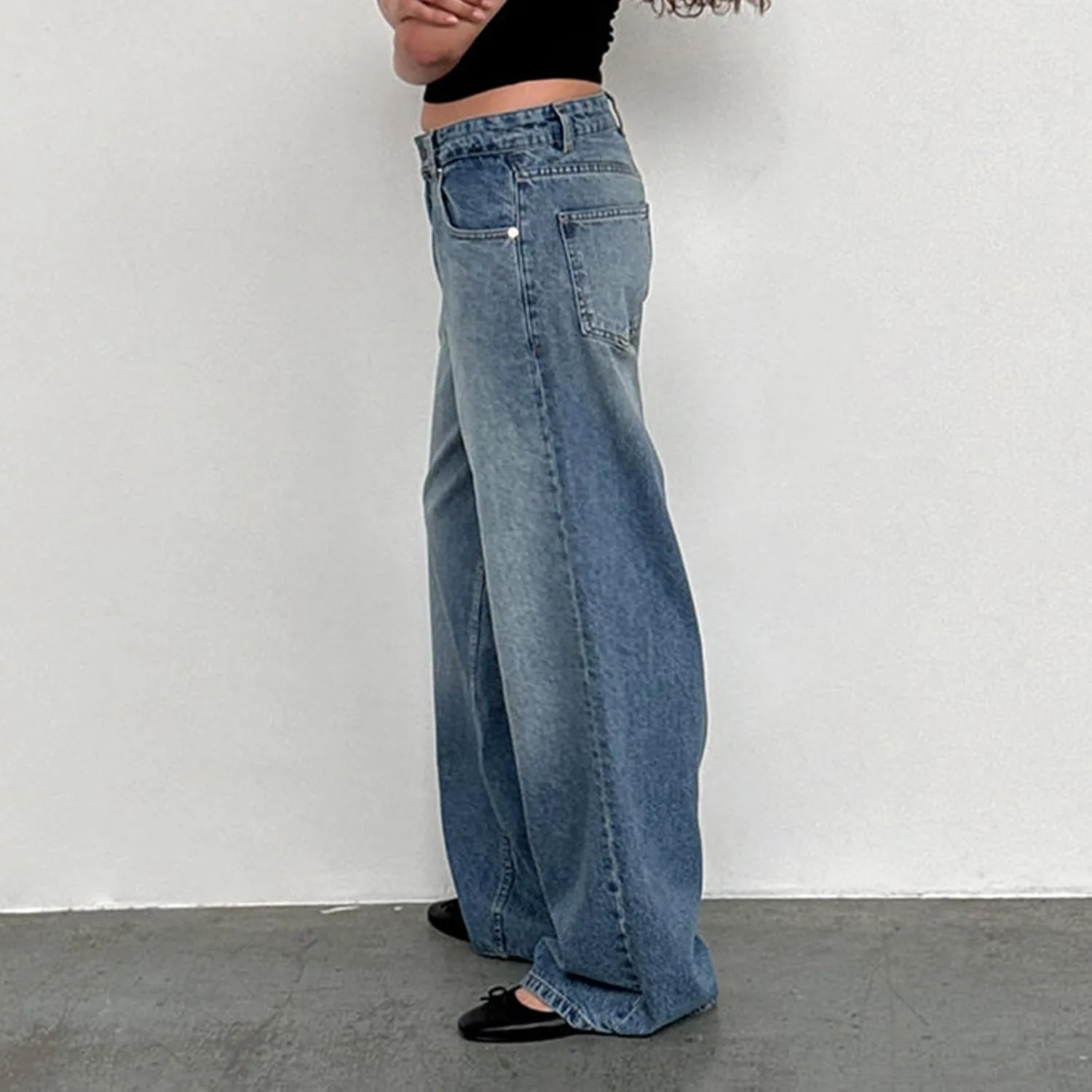 Women Low Rise Baggy Jeans Y2k Straight Wide Leg Boyfriend Viange Casual Denim Pants with Pockets