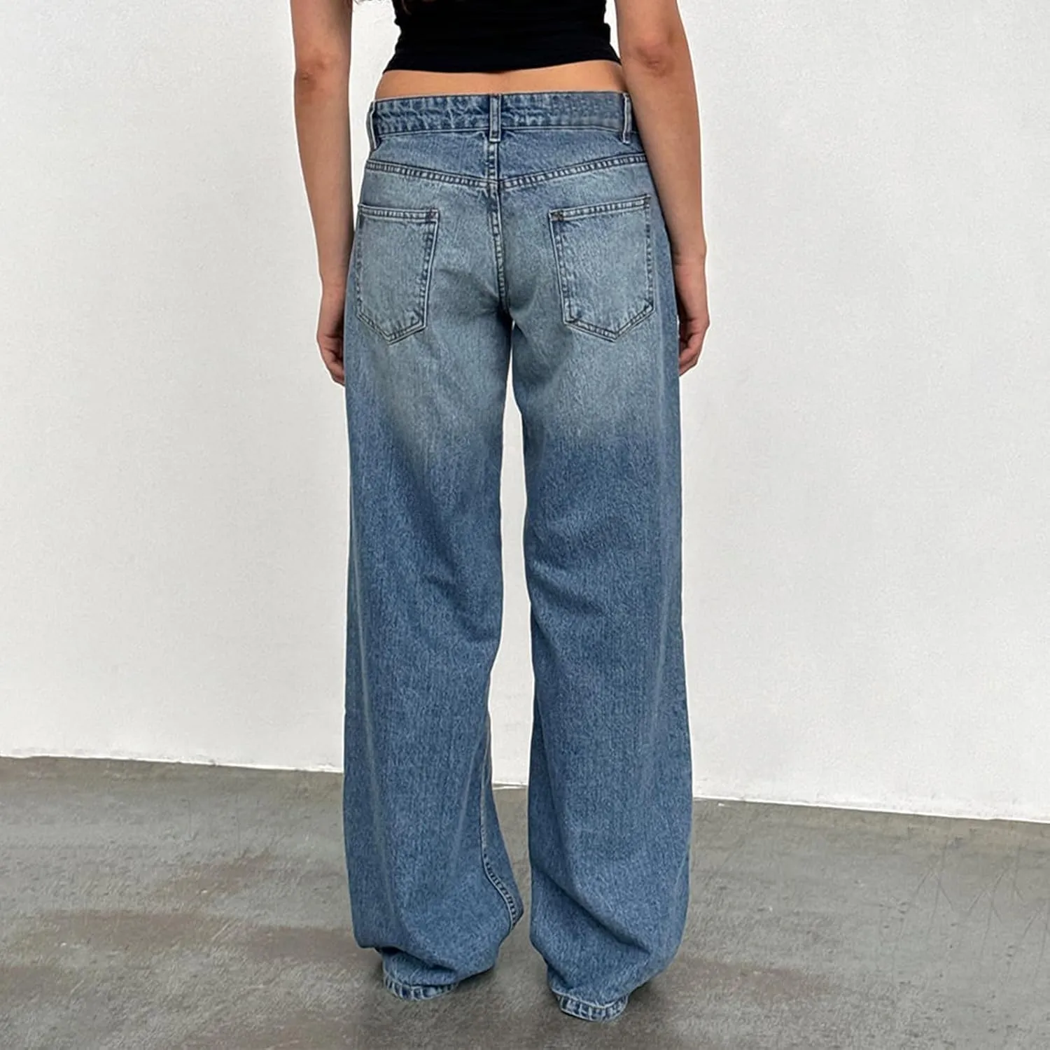 Women Low Rise Baggy Jeans Y2k Straight Wide Leg Boyfriend Viange Casual Denim Pants with Pockets