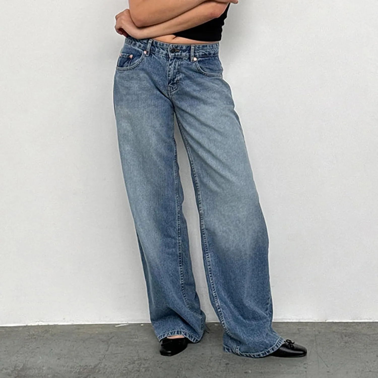 Women Low Rise Baggy Jeans Y2k Straight Wide Leg Boyfriend Viange Casual Denim Pants with Pockets