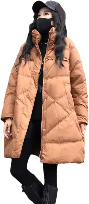 Women Medium Long Zipper Oversized Parka Coat Lapel Patchwork Stripe Cotton-Padded Jacket