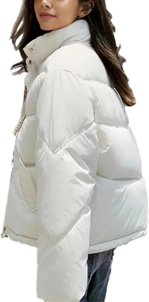 Women 'S Patchwork Button Short Parka Coat Vintage High Collar Pockets Cotton-Padded Jacket
