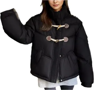Women 'S Patchwork Button Short Parka Coat Vintage High Collar Pockets Cotton-Padded Jacket