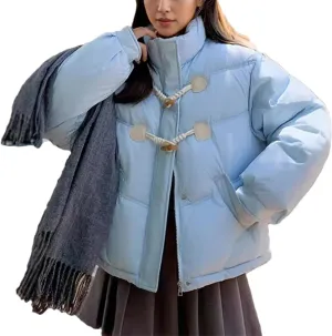 Women 'S Patchwork Button Short Parka Coat Vintage High Collar Pockets Cotton-Padded Jacket