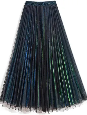 Women Spring Fall Pleated Midi Skirt High Waist Elasticity Casual Party Maxi Long Skirt