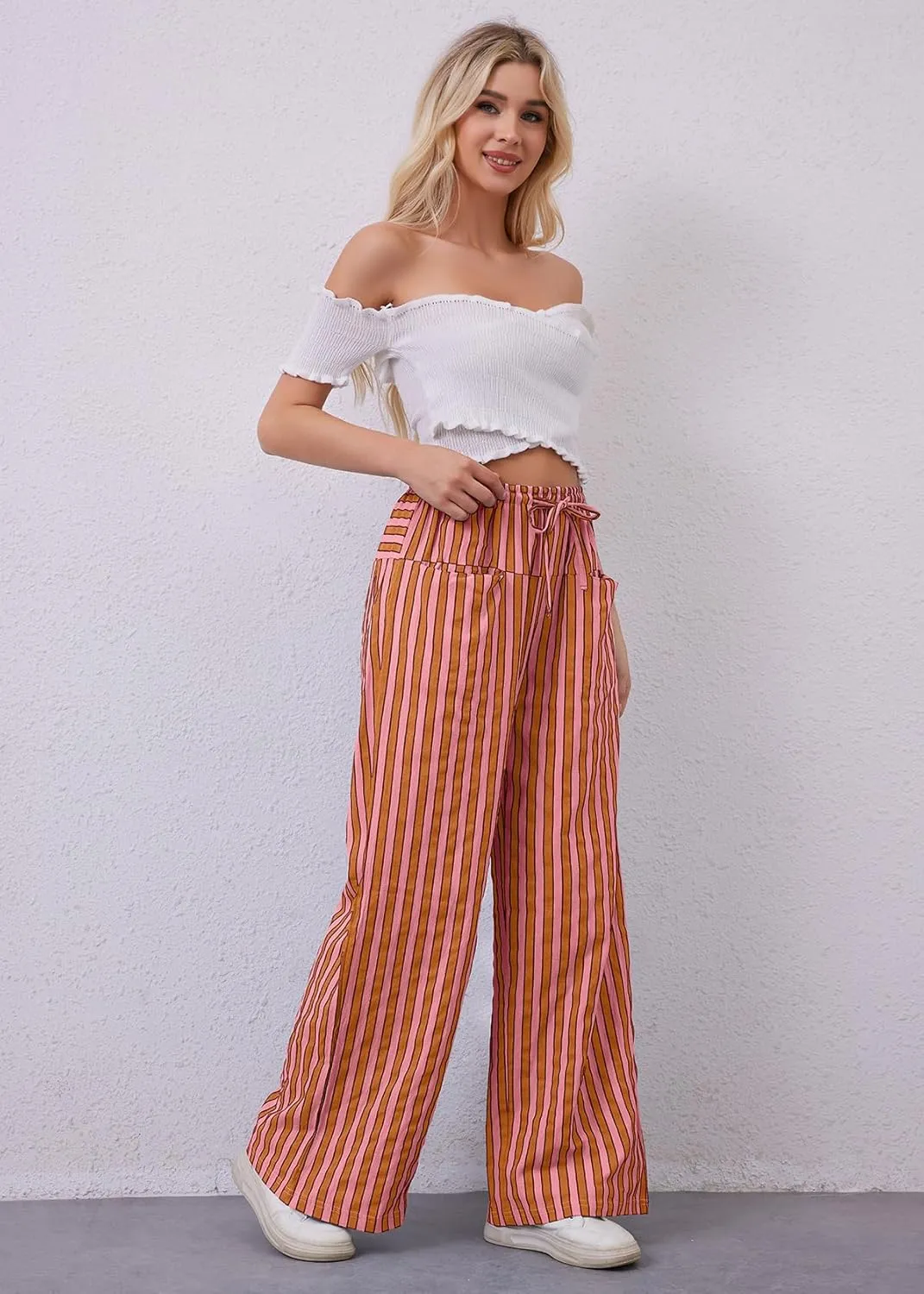 Women Striped Drawstring Wide Leg Pants Loose Low Waist Casual Trousers Contrast Comfy Lounge Pants with Pockets