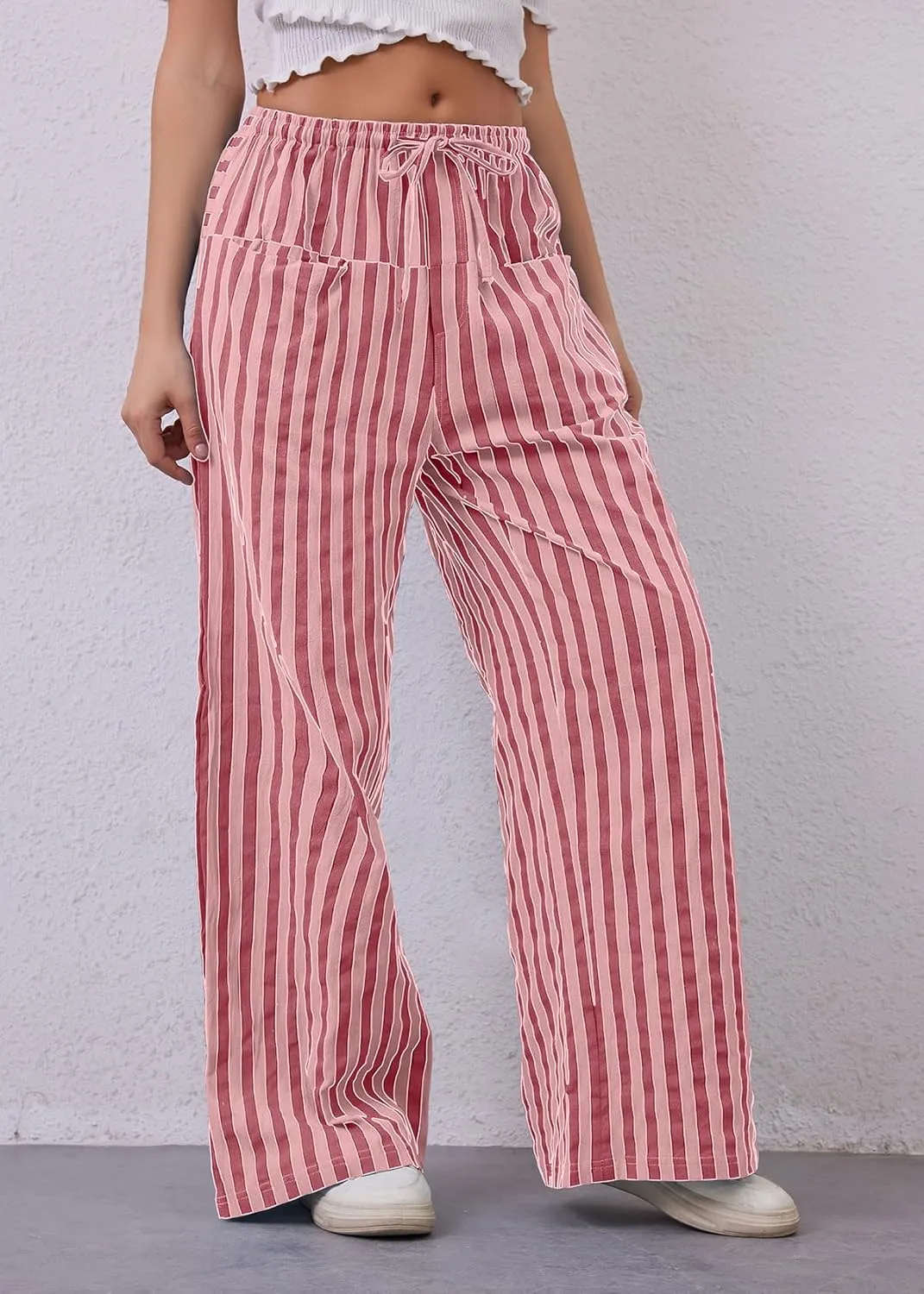 Women Striped Drawstring Wide Leg Pants Loose Low Waist Casual Trousers Contrast Comfy Lounge Pants with Pockets