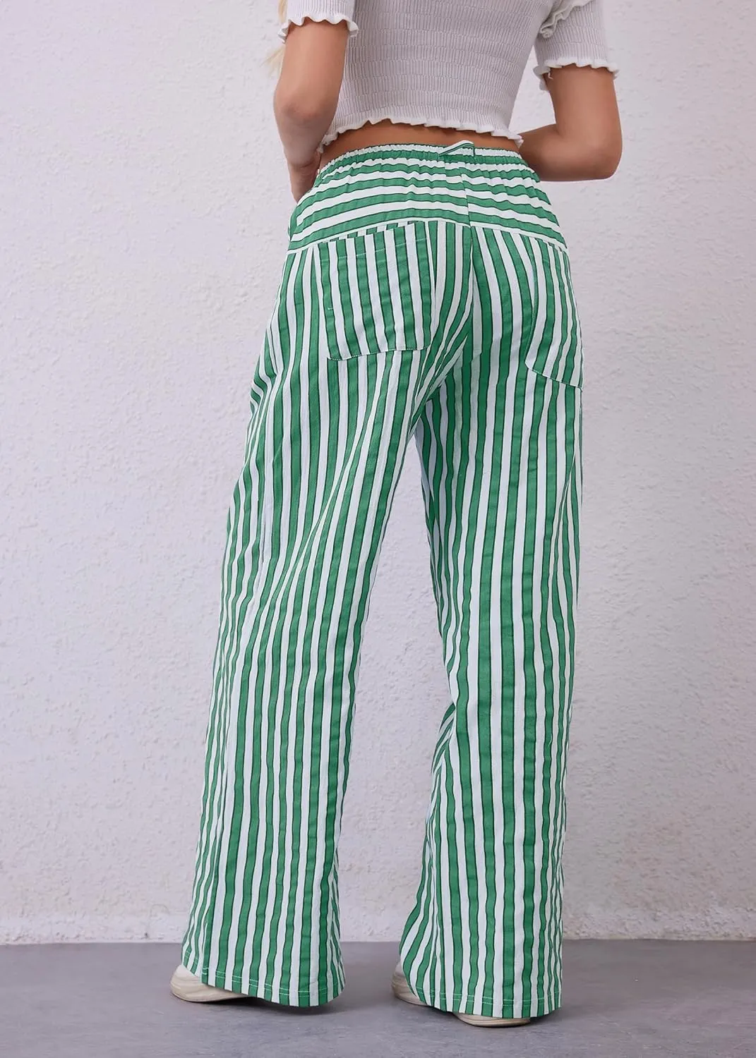 Women Striped Drawstring Wide Leg Pants Loose Low Waist Casual Trousers Contrast Comfy Lounge Pants with Pockets