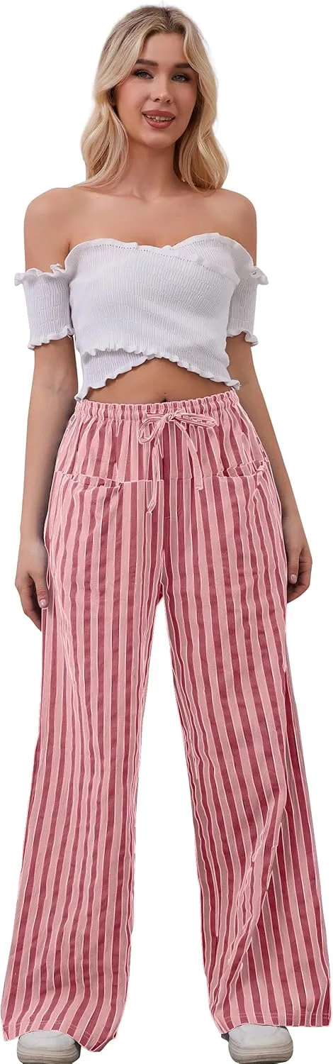 Women Striped Drawstring Wide Leg Pants Loose Low Waist Casual Trousers Contrast Comfy Lounge Pants with Pockets
