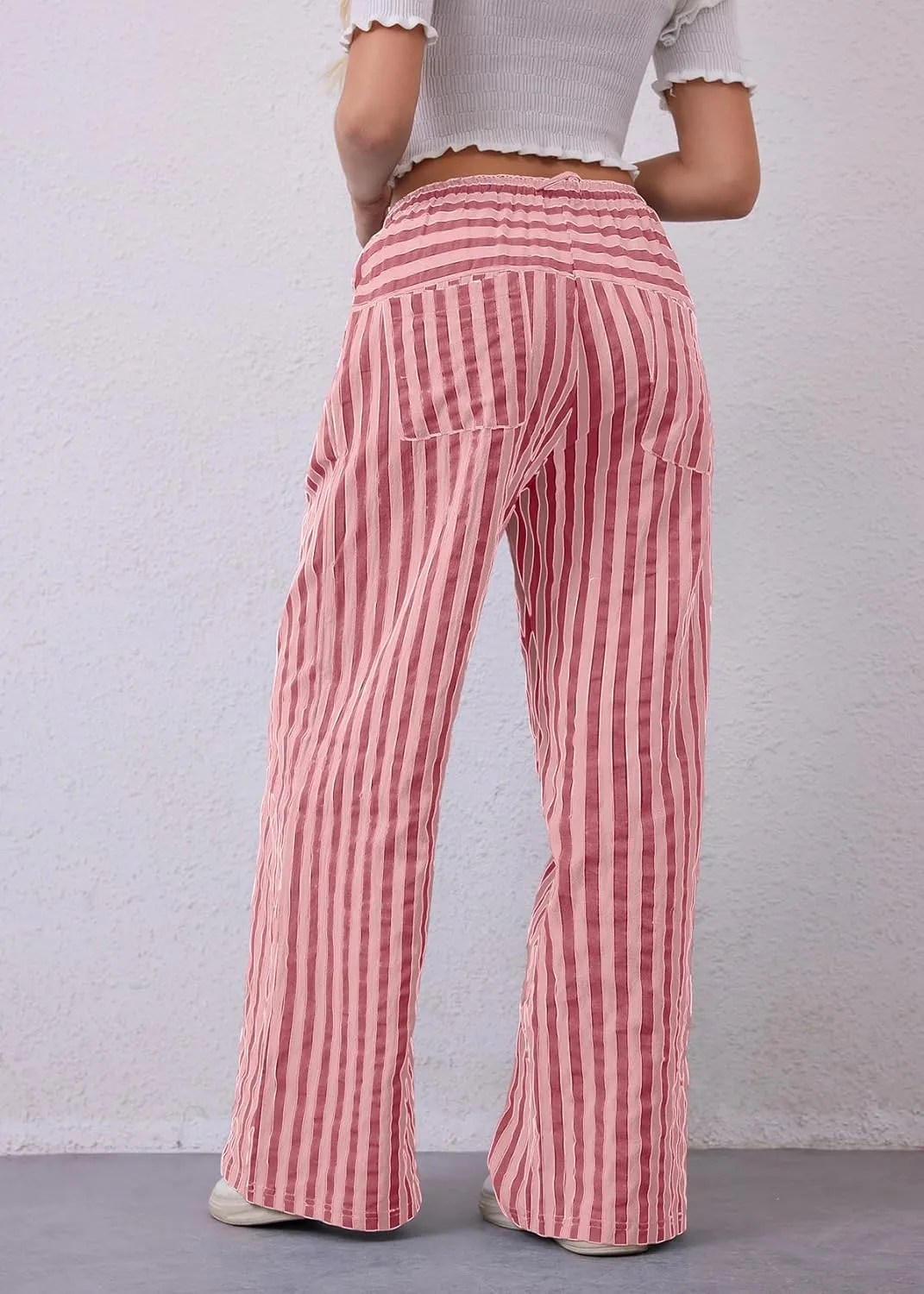 Women Striped Drawstring Wide Leg Pants Loose Low Waist Casual Trousers Contrast Comfy Lounge Pants with Pockets
