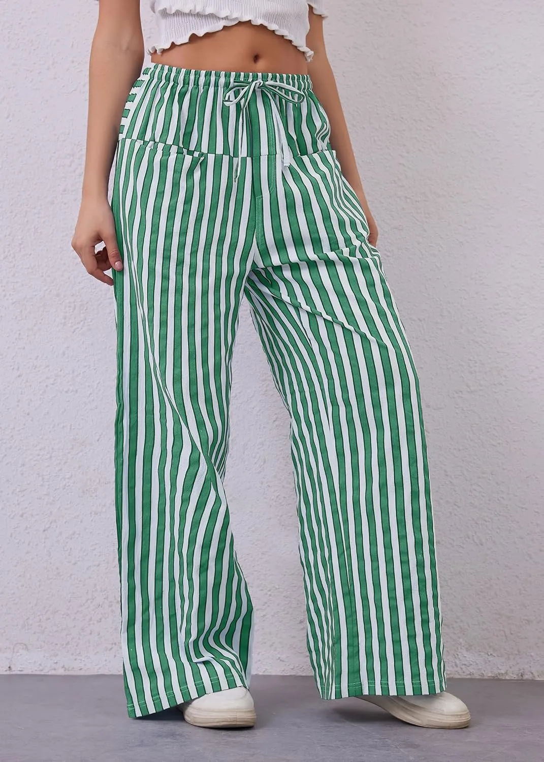 Women Striped Drawstring Wide Leg Pants Loose Low Waist Casual Trousers Contrast Comfy Lounge Pants with Pockets