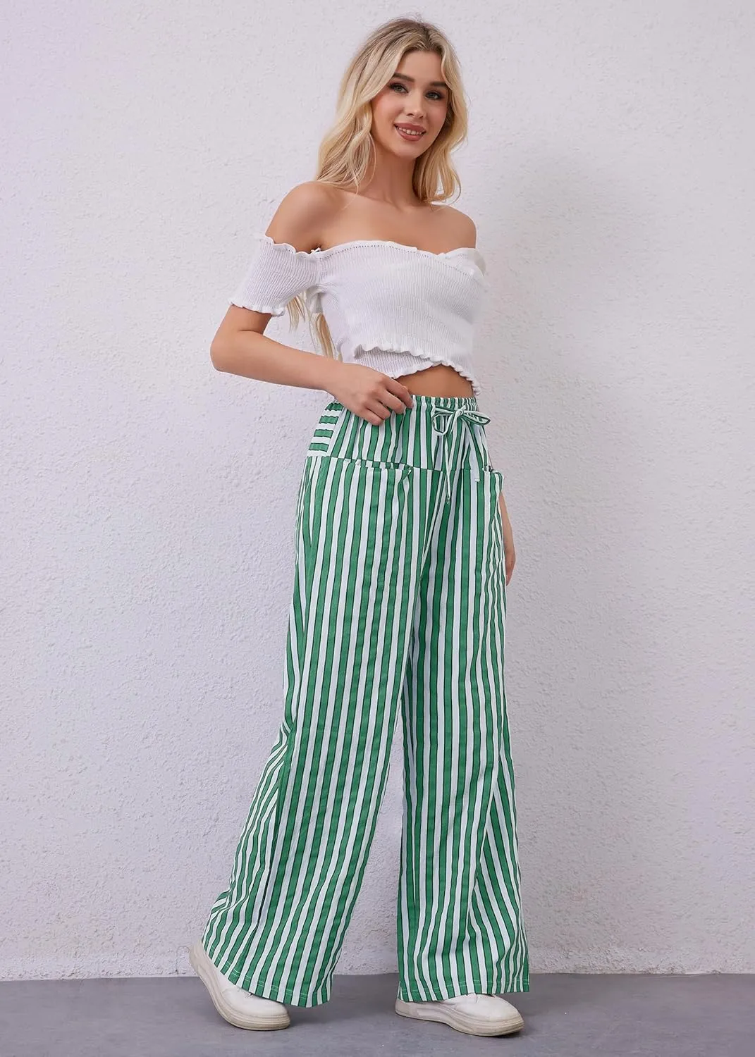 Women Striped Drawstring Wide Leg Pants Loose Low Waist Casual Trousers Contrast Comfy Lounge Pants with Pockets