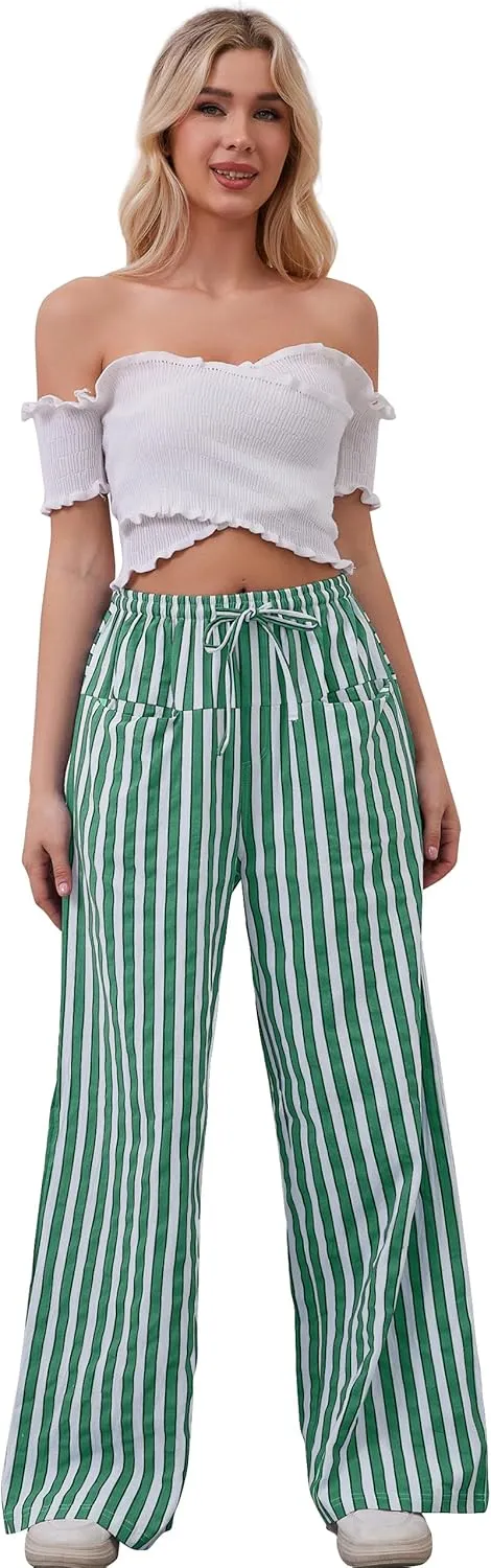 Women Striped Drawstring Wide Leg Pants Loose Low Waist Casual Trousers Contrast Comfy Lounge Pants with Pockets