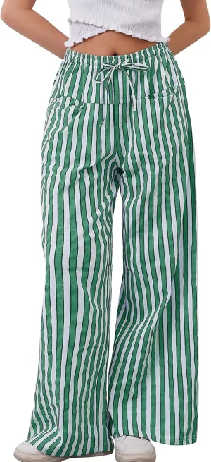 Women Striped Drawstring Wide Leg Pants Loose Low Waist Casual Trousers Contrast Comfy Lounge Pants with Pockets